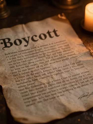 Atmospheric close-up of a hand-drafted 18th-century boycott declaration on stained parchment, dramatic low-key candlelight, deep amber tones.