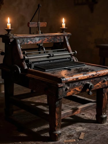 A dramatic chiaroscuro shot of an active 18th-century printing press, ink-stained wood, low candlelight casting long shadows.