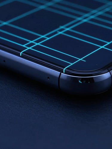 Macro shot of a sleek dark smartphone edge reflecting sharp cyan neon vector grid lines, high-contrast cyber-minimalist schematic overlay, deep blue shadows