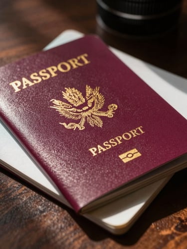 Close-up macro shot of premium travel documents and passport pages resting on a dark walnut desk, sharp architectural shadows, warm golden light catching the textured paper.