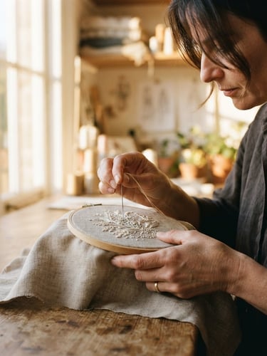 Portrait of a lead designer in a sun-drenched atelier, focused on delicate hand-guided embroidery on a neutral linen fabric, warm golden-hour window light, editorial crop-in on hands and fabric, shallow depth of field.
