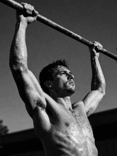 Gritty dramatic monochrome photography, low-angle shot of a muscular man doing a muscle-up on outdoor metal bars, harsh side lighting, deep shadows, raw sweat, 35mm film