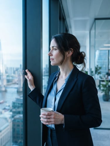 A mid-career professional in a bright, modern London office, looking thoughtfully out a large window, natural light, cool blue tones, shallow depth of field.