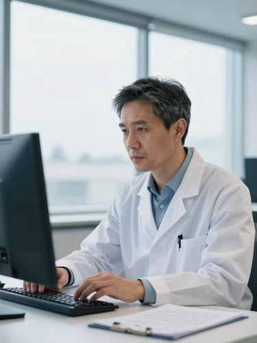 A professional mid-career engineer in a modern UK laboratory looking at data on a screen, bright natural window light, cool blue tones, shallow depth of field