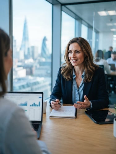 A professional mid-career consultant in a bright, modern London office with natural window light, looking focused and engaged, cool blue tones, shallow depth of field