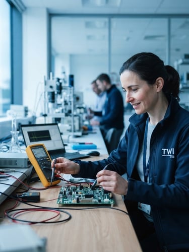 A professional mid-career engineer in a clean modern UK research facility, soft natural window light, shallow depth of field, cool blue tones