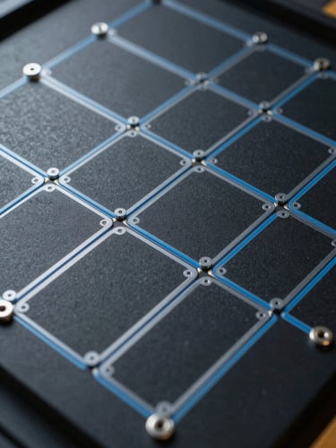Extreme close-up overhead of a modular infrastructure diagram on a dark matte surface, segregated rectangular zones labeled with steel-blue borders, cool north-facing daylight, no text visible, precise grid lines