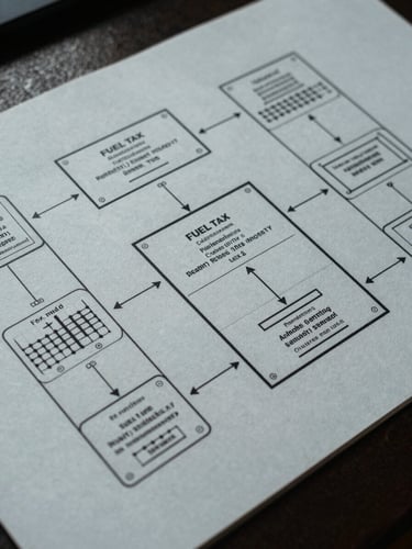Overhead wide-format view of a system architecture diagram on matte paper, domain boundary lines clearly delineating a fuel-tax module from adjacent regulatory zones, cool studio lighting, precise ink annotations, blueprint aesthetic