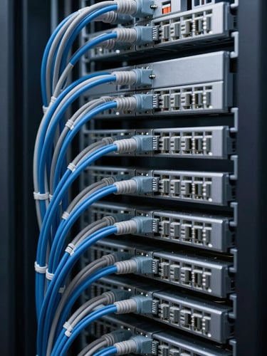 Extreme close-up of dense server cable management, tightly bundled fiber optic cables in cool blue and grey tones arranged in precise parallel rows against a dark rack panel, even studio lighting from the left, sharp focus on the cable termination points