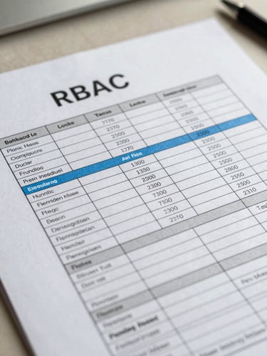 Extreme close-up of compliance documentation on a light desk — a structured RBAC matrix printout with ruled grid lines, role columns, and permission rows, a single steel-blue annotation marking an active boundary, cool north-facing daylight, sharp geometric typography visible on the page