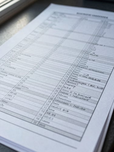 Extreme close-up overhead of printed audit trail documentation on a desk — dense rows of regulatory submission records, handwritten annotations, cool north-facing daylight from a window at left edge, no faces, no digital screens, clean and precise