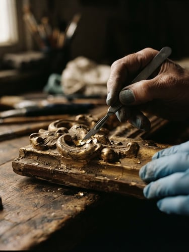 Extreme close-up of a conservator's hands using a scalpel on 18th-century gold leaf, dramatic workshop window light, chiaroscuro, 35mm
