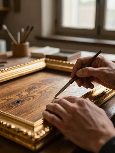 Environmental portrait of a restorer in Florence workshop, chiaroscuro lighting, hands using a scalpel on antique gold leaf frame, warm wood tones, 35mm