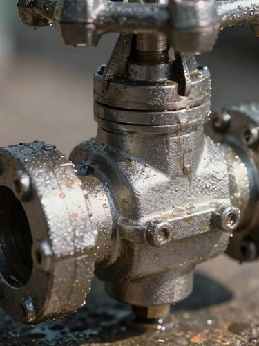Extreme close-up of a heavy-duty marine-grade steel valve coated in light protective oil, high-contrast harsh daylight