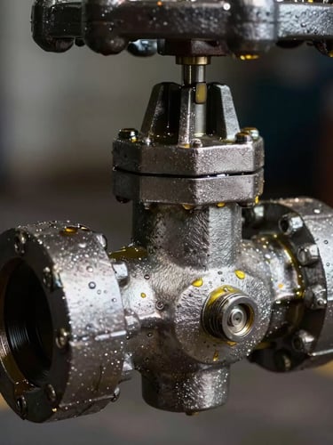 Close-up macro shot of a heavy-duty marine-grade steel valve coated in light protective oil, harsh high-contrast industrial lighting