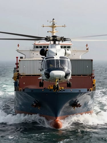 A twin-engine helicopter hovering directly over the helideck of a massive container ship in heavy gray seas, high-contrast daylight, dramatic spray