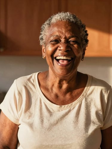 A candid portrait of an elderly Black woman laughing joyfully in a warm, sunlit community kitchen, golden-hour natural light, rich terracotta and cream tones, shallow depth of field