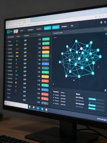 Close-up of a dark-themed ISP network management dashboard on a large monitor, showing subscriber status rows, billing indicators, and a real-time network map with signal-strength nodes, screen lit from within against a charcoal background, keyboard edge visible at bottom