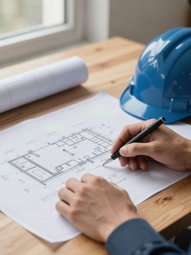 Close-up of hands holding a technical blueprint on a wooden table, safety helmet nearby, natural window light, professional and precise.