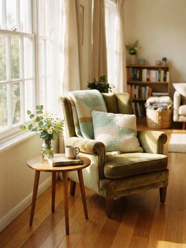 Bright sunlit living room with polished wooden floors, warm natural daylight streaming through windows, soft golden tones, shallow depth of field, 35mm