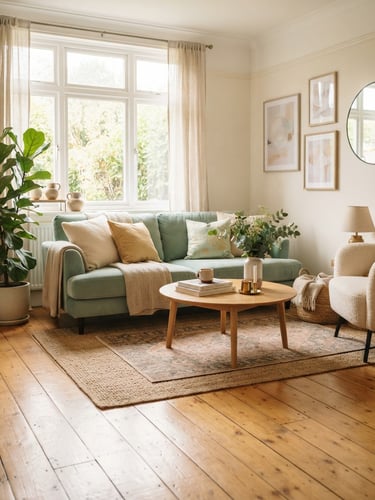 A beautifully styled sunlit living room with polished wooden floors, warm natural daylight streaming through a window, soft golden and mint tones, shallow depth of field