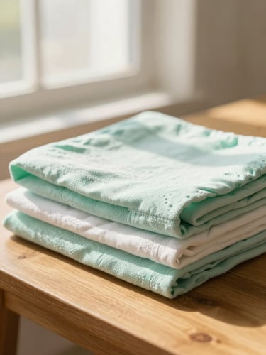 Close-up of freshly folded clean linen on a wooden table, soft morning light streaming through a window, warm and inviting atmosphere