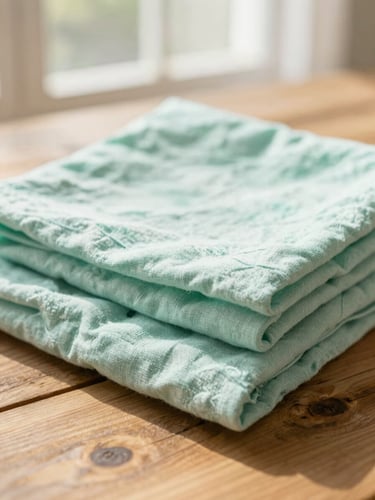 Close-up of freshly folded linen on a rustic wooden table, bright warm natural daylight, soft mint tones, shallow depth of field, 35mm