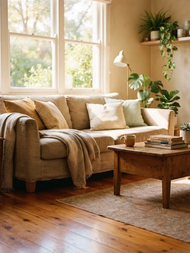 Warm editorial photography of a sunlit living room with polished wooden floors, natural window light, soft golden tones, shallow depth of field, 35mm