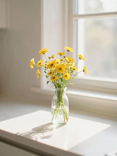 Warm editorial photography of a sparkling clean kitchen counter with a simple vase of local yellow wildflowers, soft morning light streaming through a window, shallow depth of field