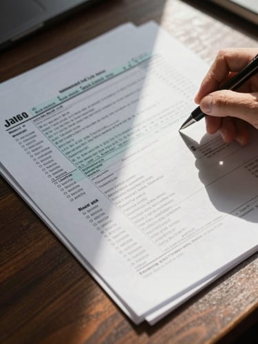 Close-up overhead view of layered financial documents and a printed tax return spread across a dark wooden desk, a hand with a pen annotating figures in the margin, natural window light raking across the paper surface from the right