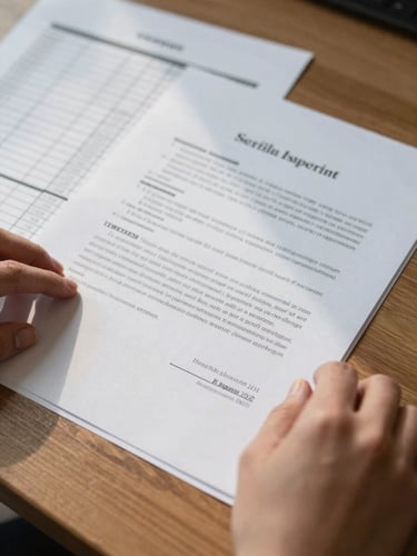 Close-up overhead view of layered financial documents and a printed spreadsheet on a wooden desk, a hand resting on the edge of a contract page, natural daylight from a nearby window casting soft shadows across the papers