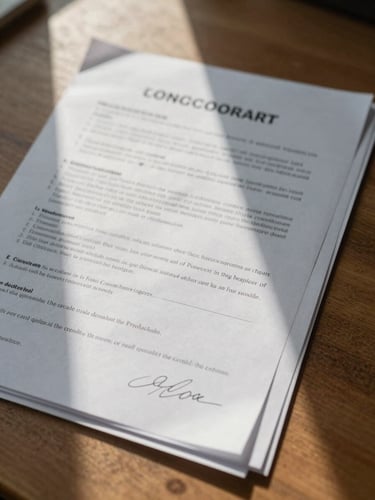 Close-up overhead view of layered financial contract pages spread on a wooden desk, handwritten margin notes visible, natural window light casting soft shadows across the paper edges