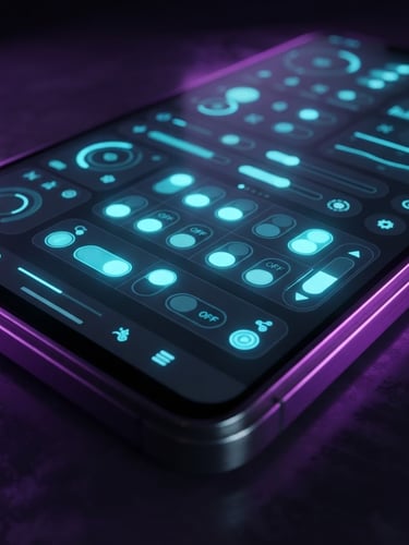 Angled perspective close-up of a high-fidelity Android device mockup, glowing electric-cyan UI toggles on a deep charcoal glass screen, dark ambient studio lighting with neon purple edge glows, octane render