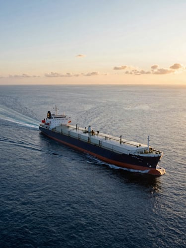 A cinematic wide-angle drone shot of a modern clean product tanker sailing across calm, pristine blue waters under a golden-hour sunset, 35mm.