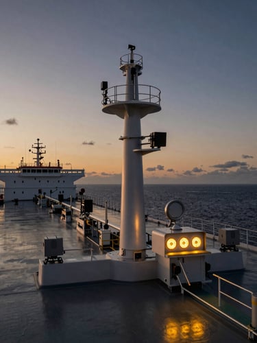 A close-up of state-of-the-art modern bridge instrumentation on a clean tanker, high-contrast cinematic twilight, polished steel details, warm golden indicators.