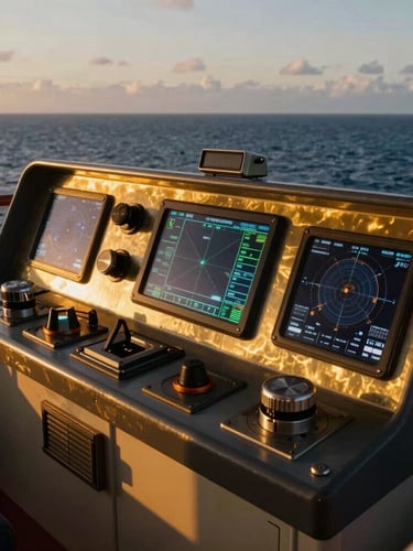Close-up of modern high-tech marine navigation console on a ship bridge, glowing digital charts, golden hour light reflecting on polished brass and steel instruments, cinematic 35mm