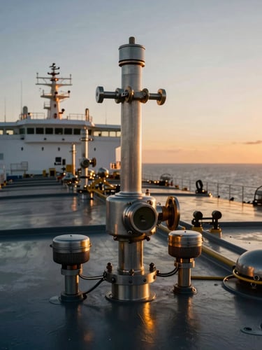 Close-up of polished steel bridge instrumentation inside a state-of-the-art tanker vessel, warm twilight lighting, high-contrast cinematic reflections, shallow depth of field