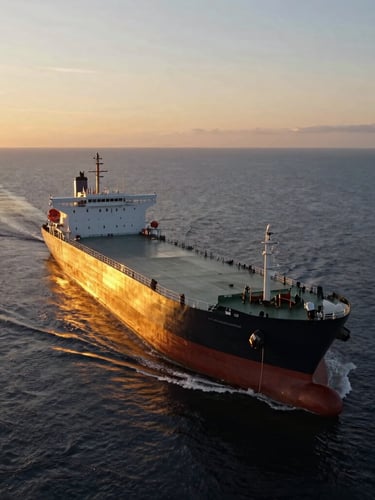 A cinematic wide drone shot of a modern product tanker sailing across calm deep navy waters during a spectacular golden hour sunset, warm light reflecting off the hull, 35mm.