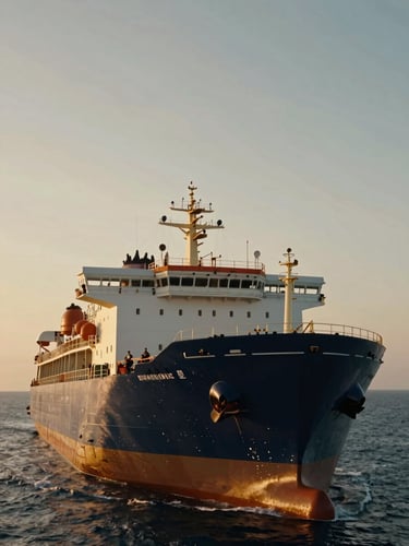 Low-angle heroic portrait of a maritime officer on the bridge of a modern product tanker, warm golden hour light, cinematic 35mm photography