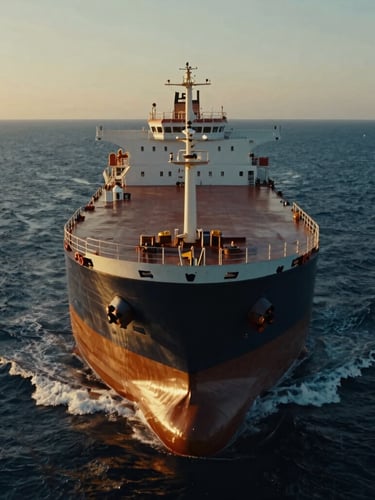 Cinematic close-up of a modern product tanker's polished steel bow cutting through deep blue oceanic waters, low-angle dramatic evening light, 35mm.