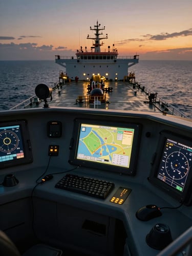 Close-up of state-of-the-art modern bridge instrumentation and navigation screens inside a clean tanker vessel, cinematic twilight lighting.