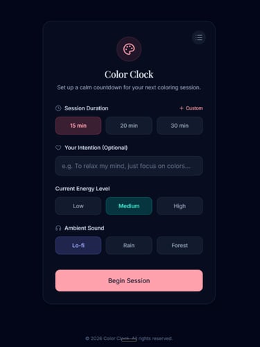 main screen of the Color Clock web app, a meditative coloring timer for coloring enthusiasts