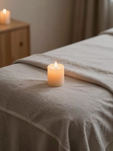 Warm editorial photography, soft diffused candlelight, detail of a minimalist massage room with warm wooden details and soft linen sheets, shallow depth of field, 35mm