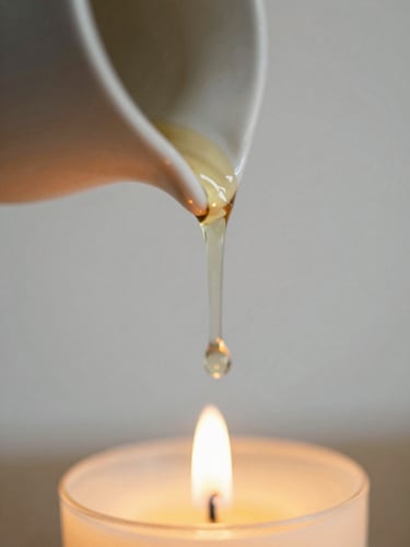 Extreme macro close-up of warm oil slowly dripping from a ceramic vessel, soft diffused candlelight, warm toasted oat and soft gray tones, shallow depth of field, 35mm