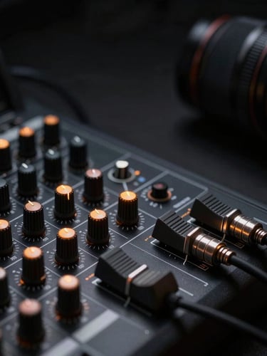 Dramatic close-up of premium audio mixer dials and patch cables under low-key studio lighting with sharp amber highlights, matte black hardware surface, 50mm lens portrait aspect