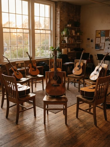 Warm golden hour light streaming through community center windows, illuminating acoustic guitars resting on chairs in a circle, inviting atmosphere.