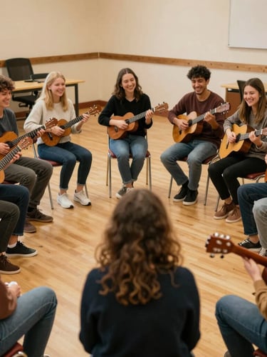 Candid medium shot of smiling people of various ages sitting in a circle with ukuleles and acoustic guitars inside a warm community center