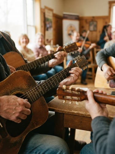 Warm documentary photograph of acoustic guitar fretboards and hands strumming together in a cozy community hall with soft window light