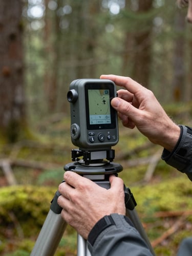 Close-up of a professional topographer in outdoor gear adjusting a high-precision GPS station on a mossy forest floor, soft natural light filtering through native trees