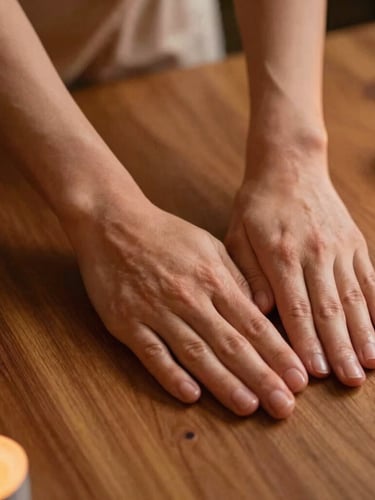 Hands performing a precise Ayurvedic massage stroke with warm herbal oil on a teakwood table, soft golden lighting, shallow depth of field, warm editorial photography